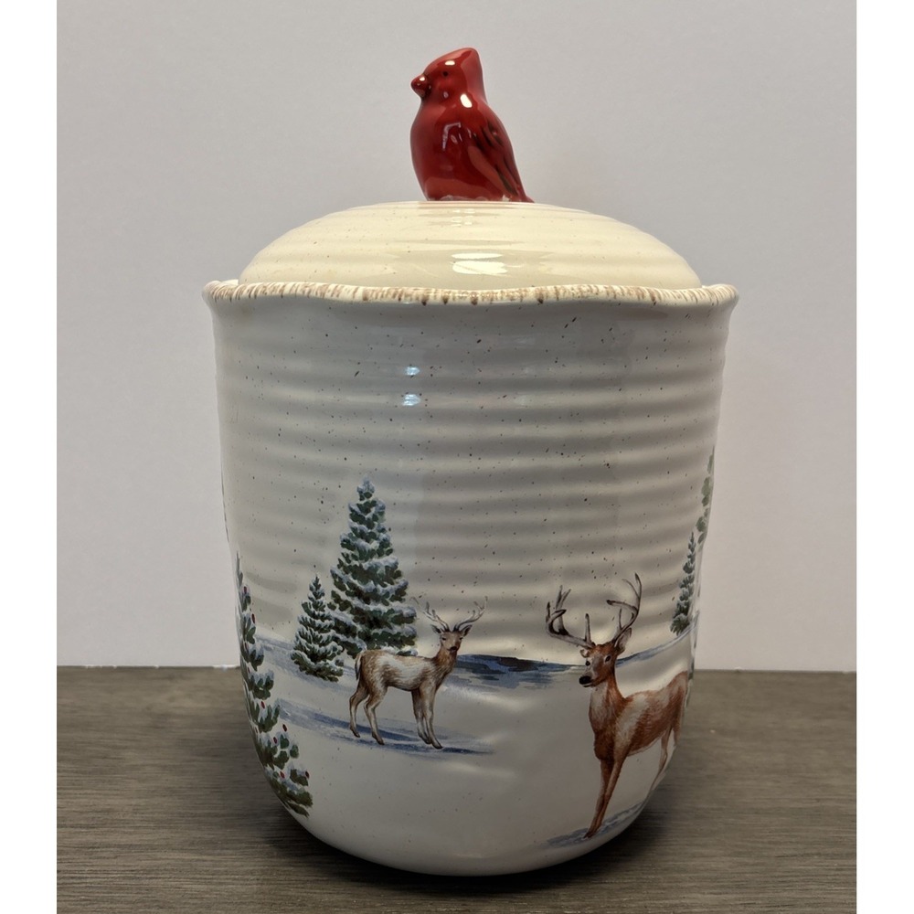 St. Nicholas Square Winter White 3-D Cookie Jar Forest Cabin Deer Cardinal Lid‎